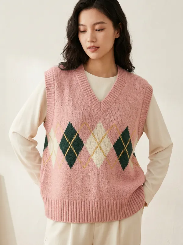 Preppy Argyle Textured Sweater Vest