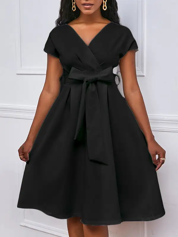 Bowknot Lace Up Solid Color V Neck Midi Dress