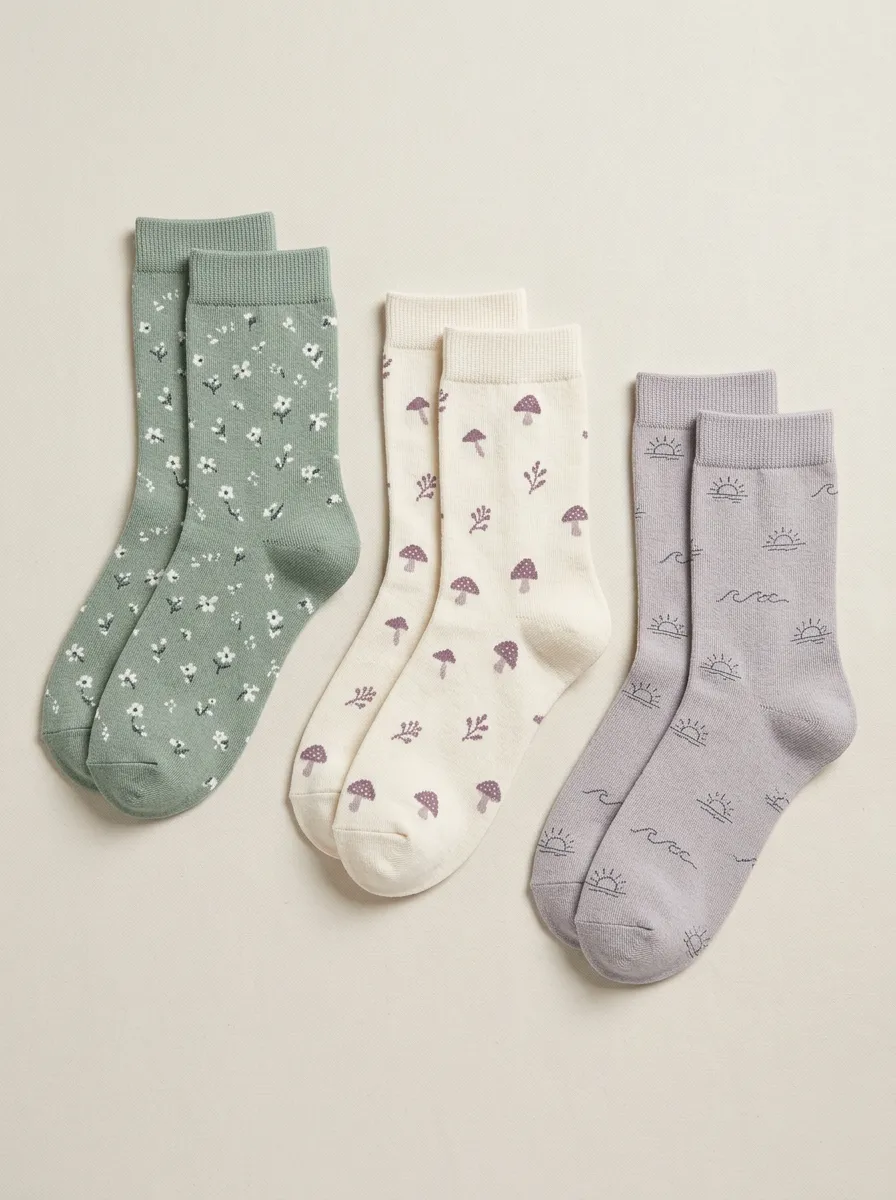 Women's Mixed Nature Ribbed Mid Calf Crew Socks Three Pair Set