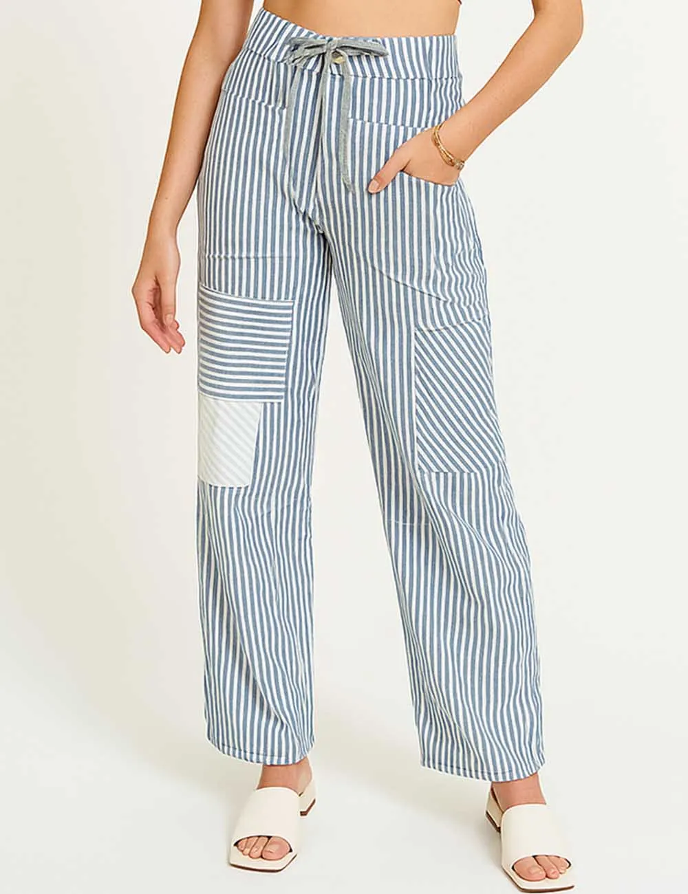 Striped Color Block Drawstring Barrel Denim Pants