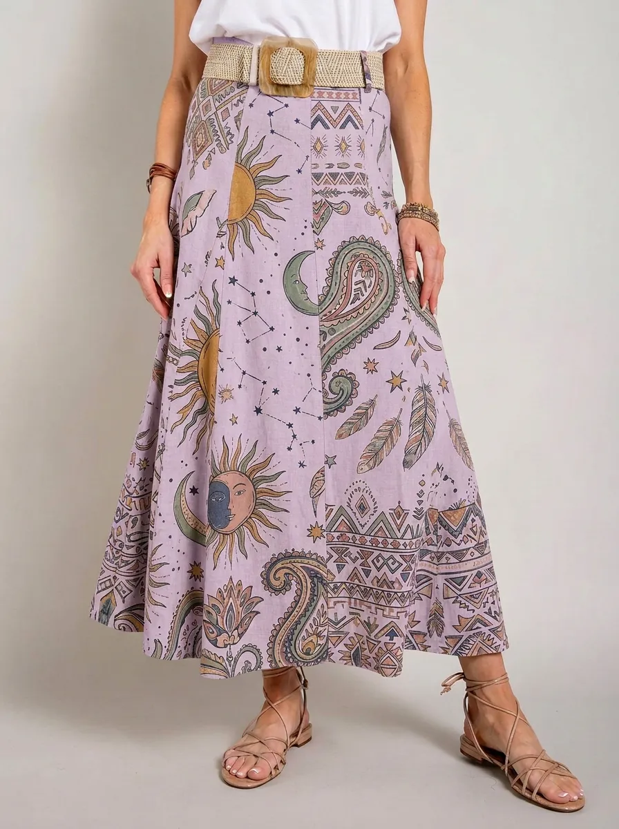 Women's Boho Celestial Sun Moon Paisley Printed Midi Skirt
