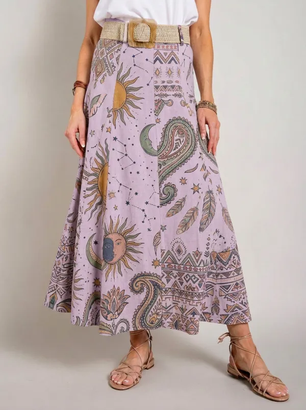 Women's Boho Celestial Sun Moon Paisley Printed Midi Skirt