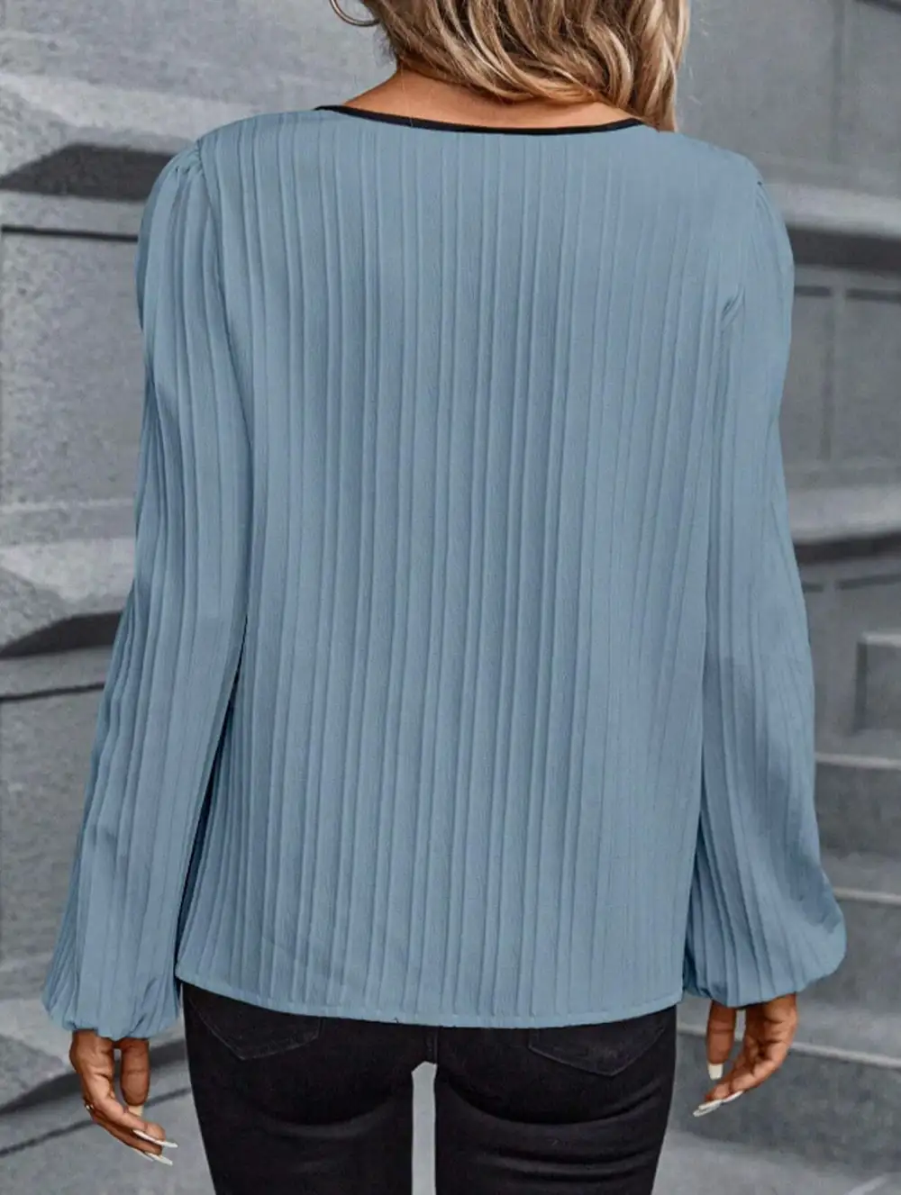 Panel V Neck Puff Sleeve Blouse Tee