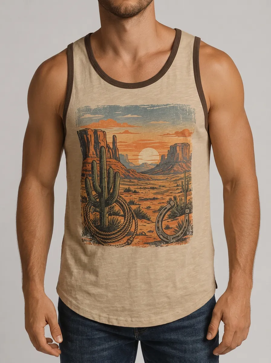 Men's Contrast Trim Desert Graphic Tank Top