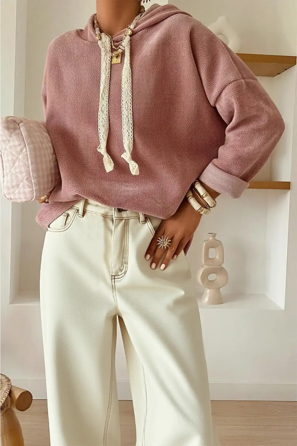 Easygoing Relaxed Textured Lace Detail Hoodie