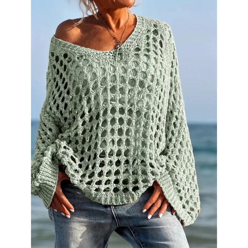 Women's Casual Loose-Fit V Neck Top - Hollow Out Design