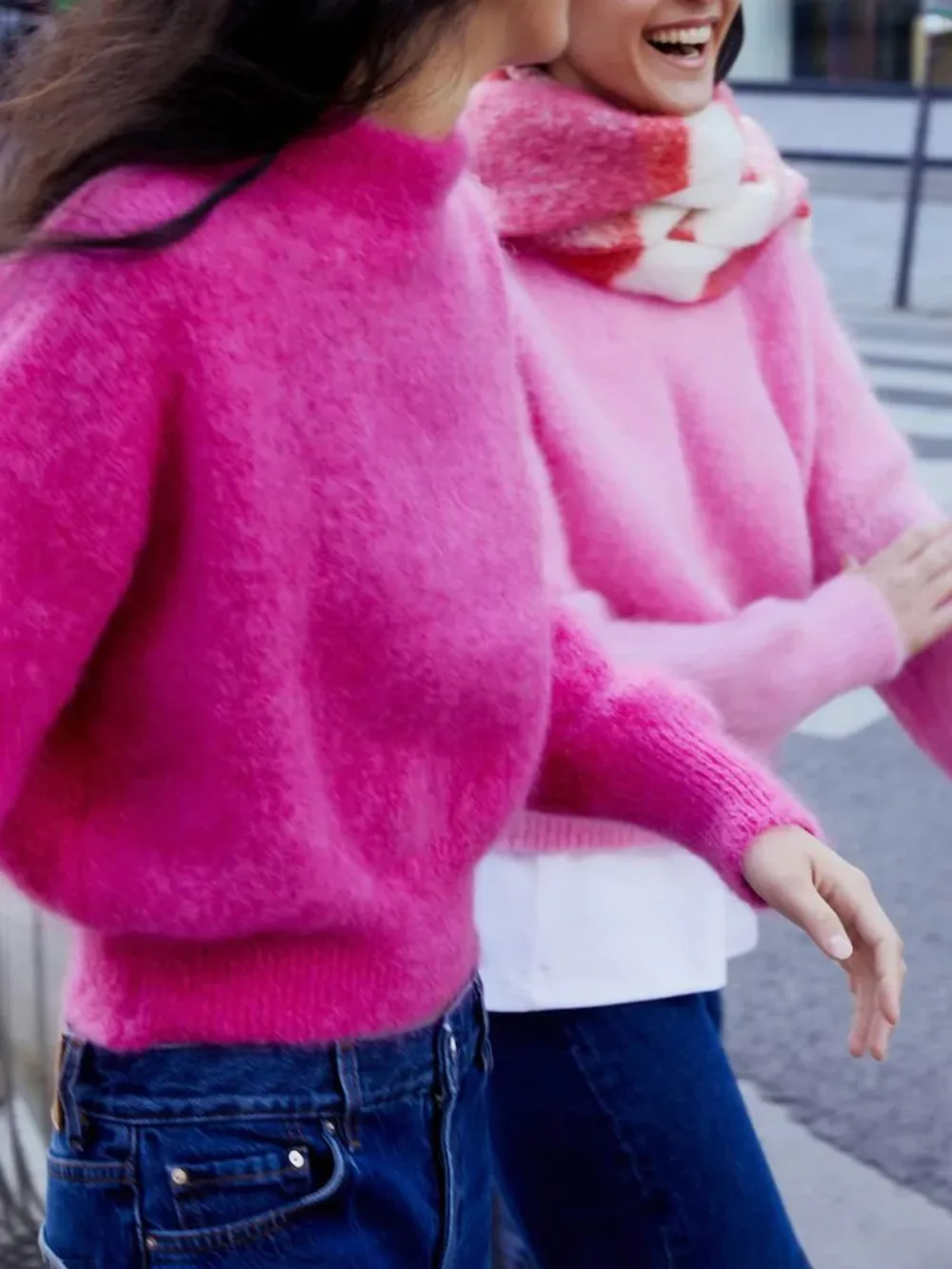 Casual Style Crew Neck Sweater Fuschia