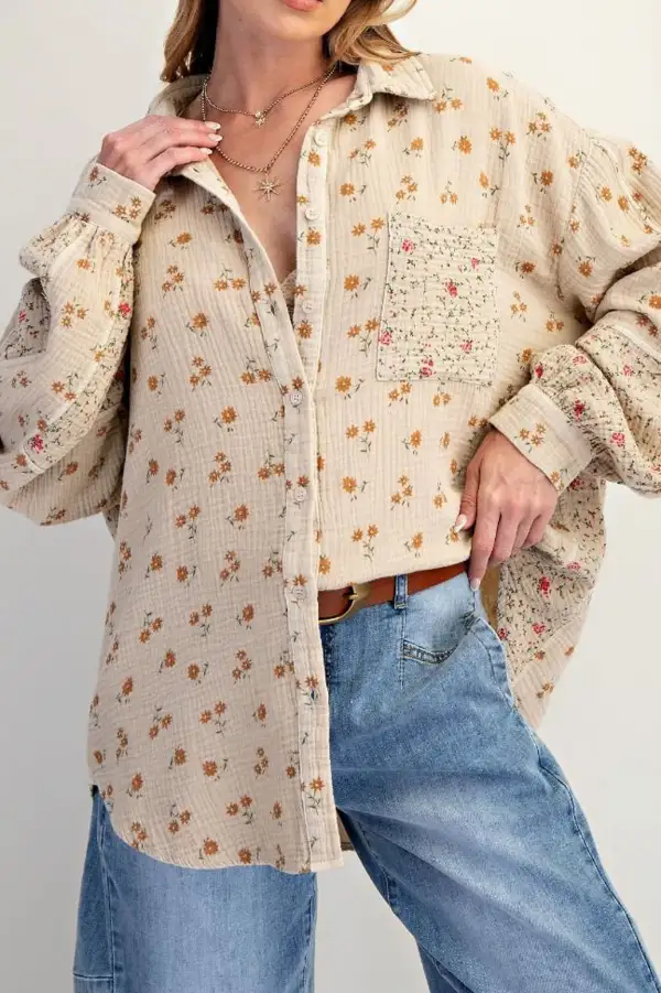 Floral Gauze Button Front Collared Button Down Shirt