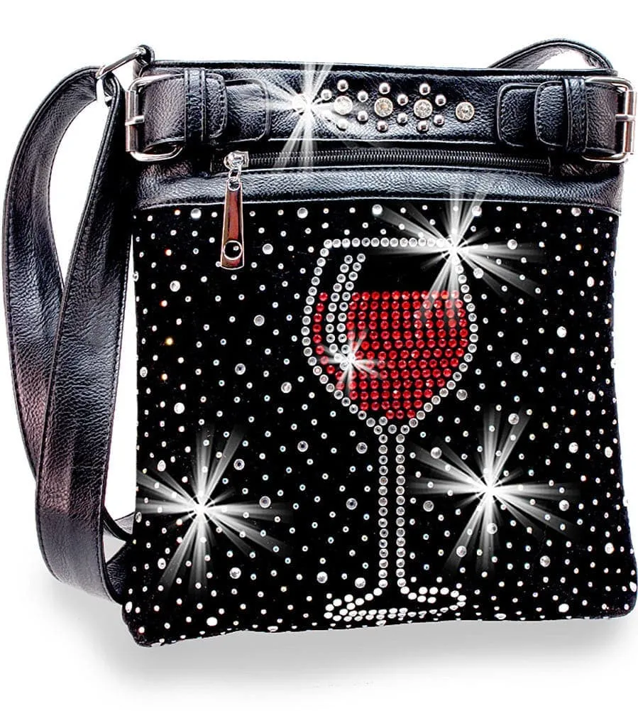 Crafted Detail Crystal Accent Pocketed Faux Leather Crossbody Sling Bag