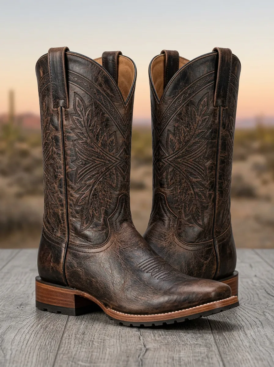 Men's Western Cowboy Leaf Embossed Printed Boots