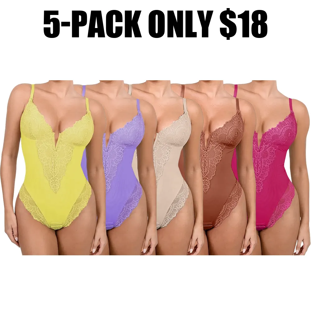 Womens Deep V Lace Bodysuit Built-in Shapewear Breathable Shaping Tops
