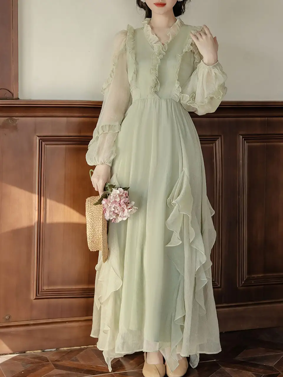 Ruffled Romantic V Neck Long Dress