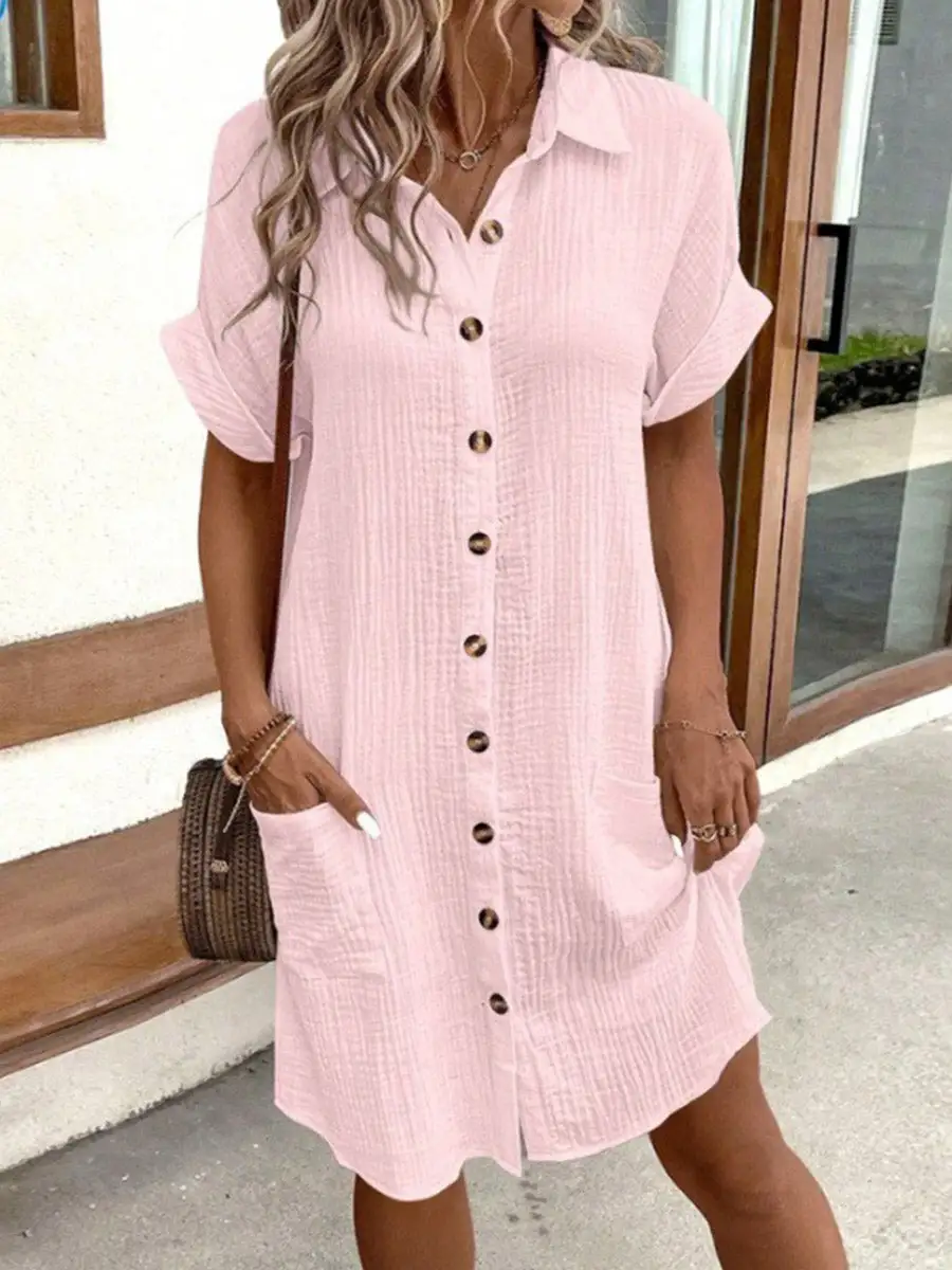 Half Sleeve Relaxed Buttoned Pocket Solid Color Lapel Mini Dress