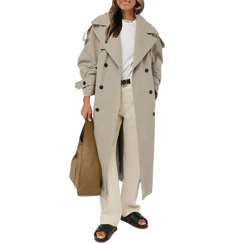 Womens Oversized Long Trench Coat Double Breasted Lapel Windproof Overcoat with Belt
