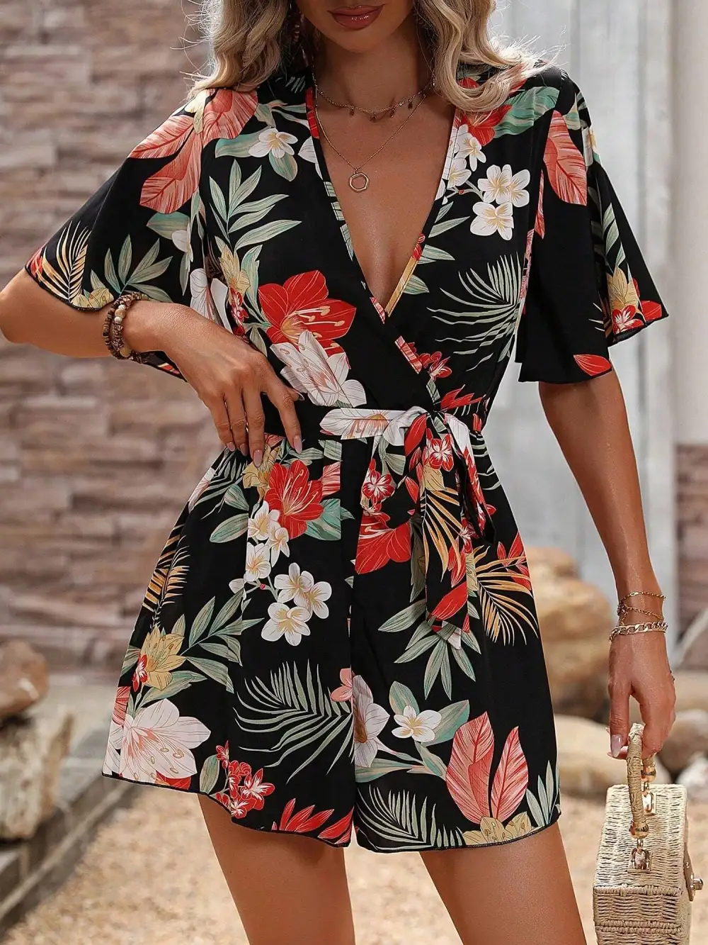 Floral Short-Sleeve V-Neck Tie-Waist Beach Romper