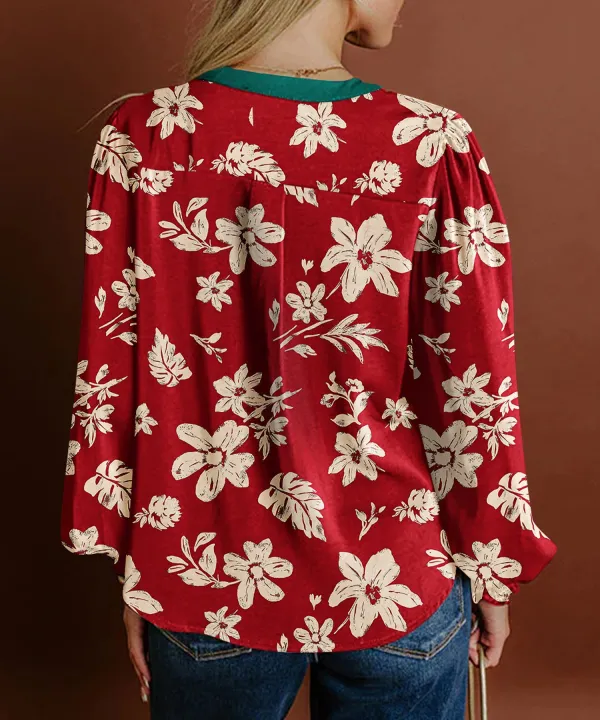 Red Contrast Tied Neck Shirred Puff Sleeve Flower Blouse