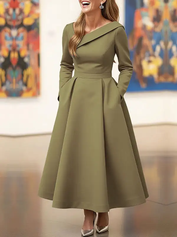 High Pockets Pleated Neck Maxi Dress