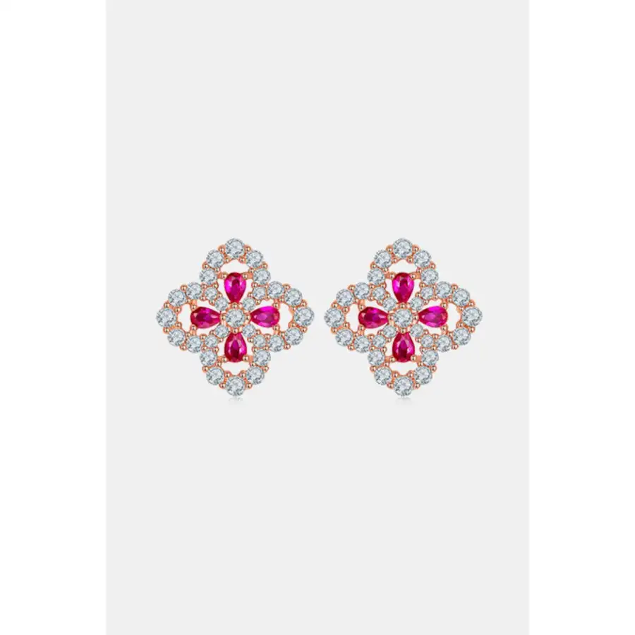Sterling Silver Lab Grown Ruby Flower Shape Stud Earrings