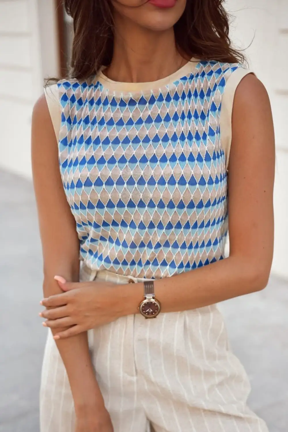Stripe Geometric Print Round Neck Fitted Sweater Vest