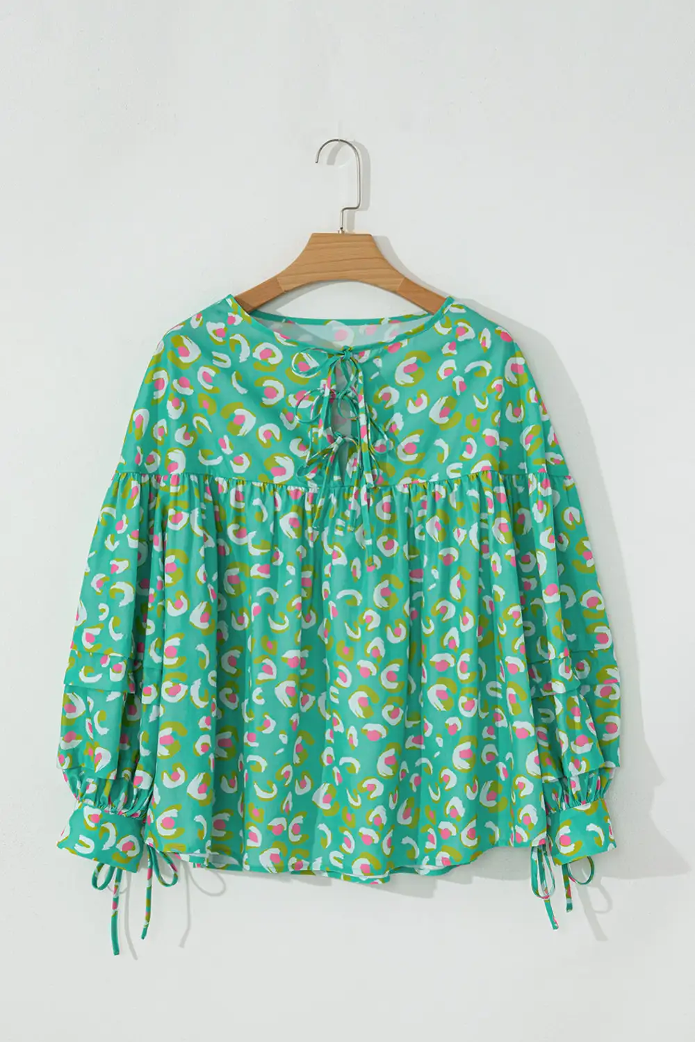Abstract Lace Up Lantern Sleeve Babydoll Blouse