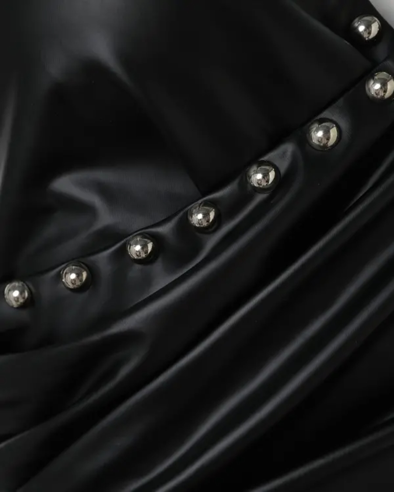 Overlap Ruched Beaded Pu Leather Bodycon Dress