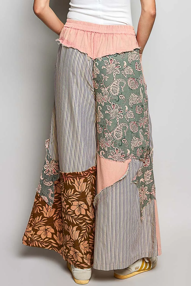 Sequin Floral Print Wide Leg Pocketed Pants