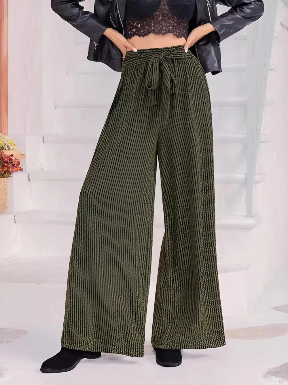 Wide Leg High Waist Striped Drawstring Pants