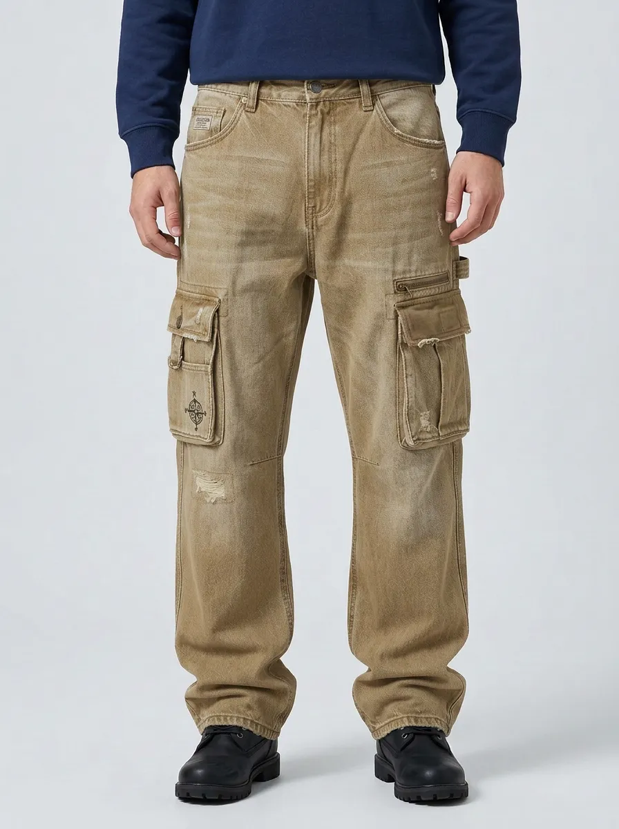 Men's Vintage Distressed Compass Patch Multi-Pocket Cargo Jeans