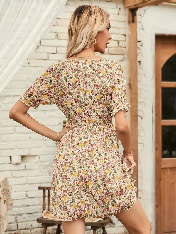 Women V-neck Allover Floral A-line Dress