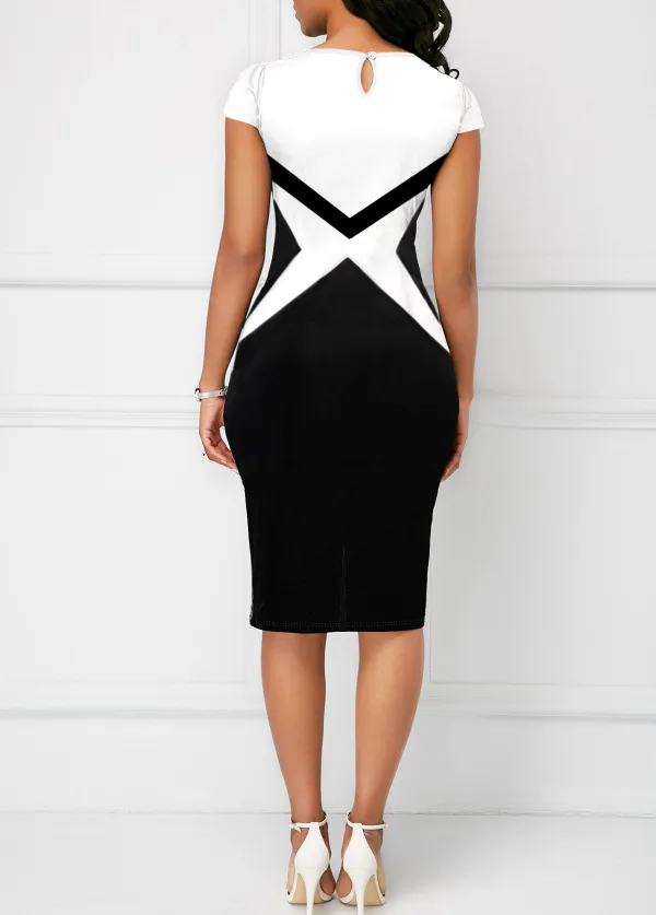 Round Neck Short Sleeve Color Block Dress