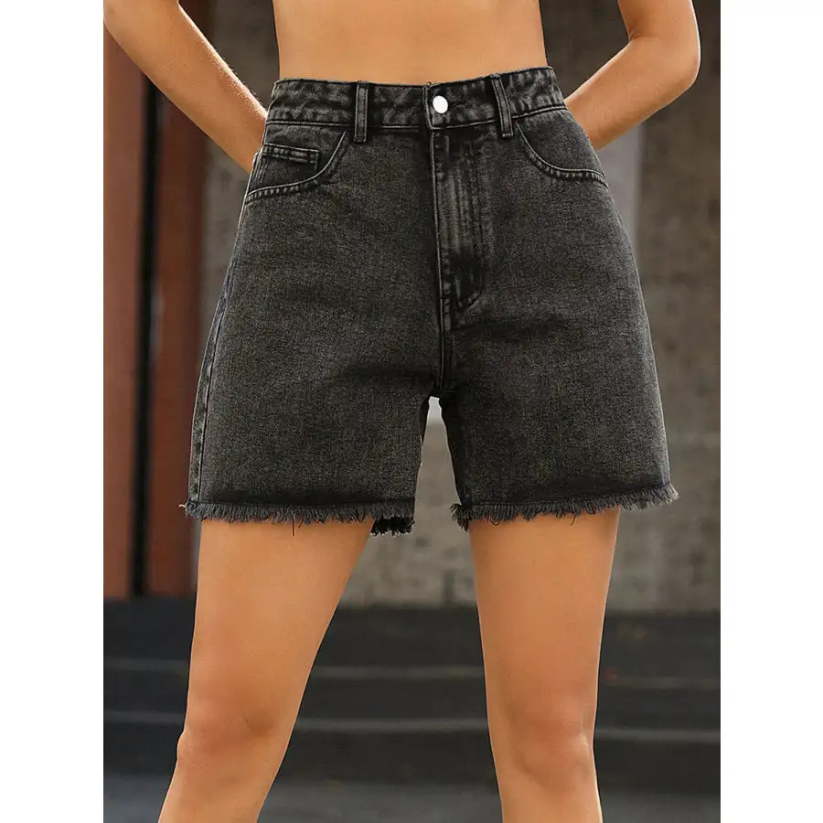 Textured Raw Hem High Waist Denim Shorts
