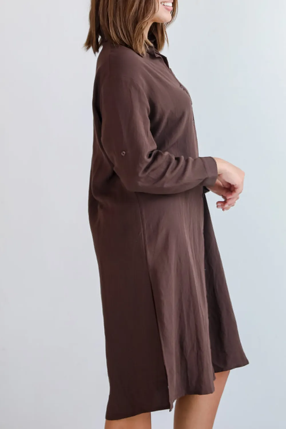 Brown Button Front Midi Dress