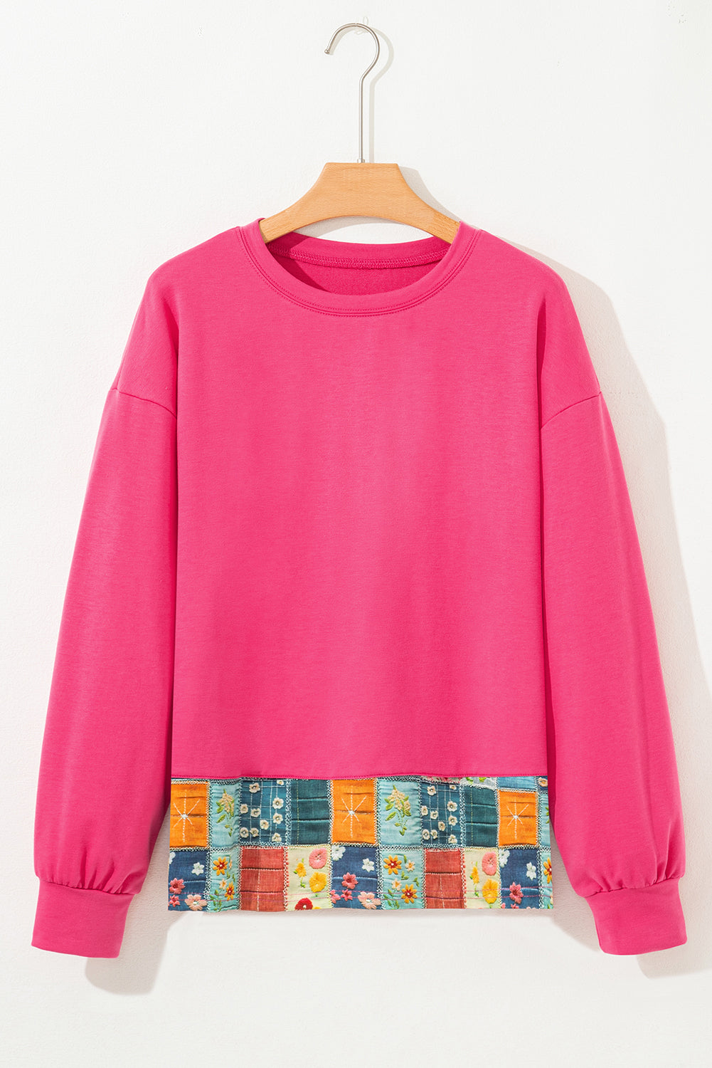 Women's Floral Print Round Neck Patchwork Top