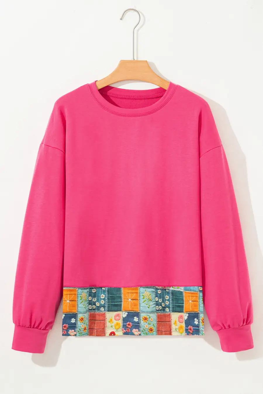 Women's Floral Print Round Neck Patchwork Top