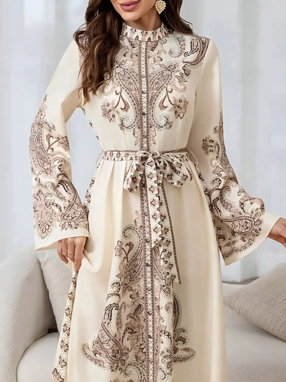 Mock-Neck Bell-Sleeve Boho Paisley Maxi Dress