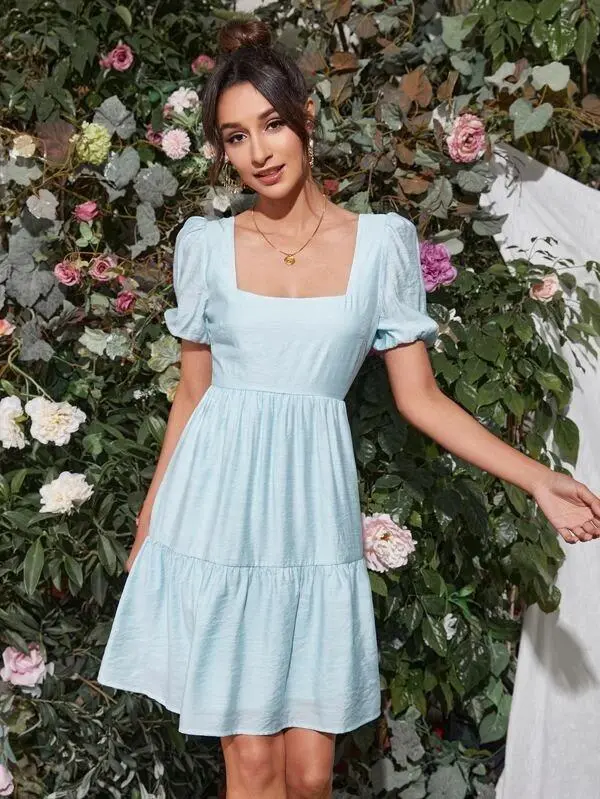 Women Tie Back O-ring Detail Puff Sleeve Ruffle Hem Dress