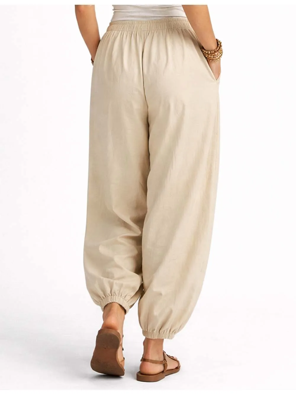 Solid Color Elastic Waist Drawstring Lantern Pants