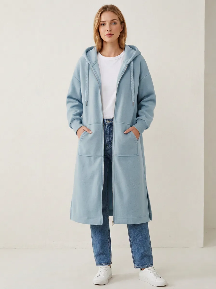 Casual Zip-Up Long Hooded Coat