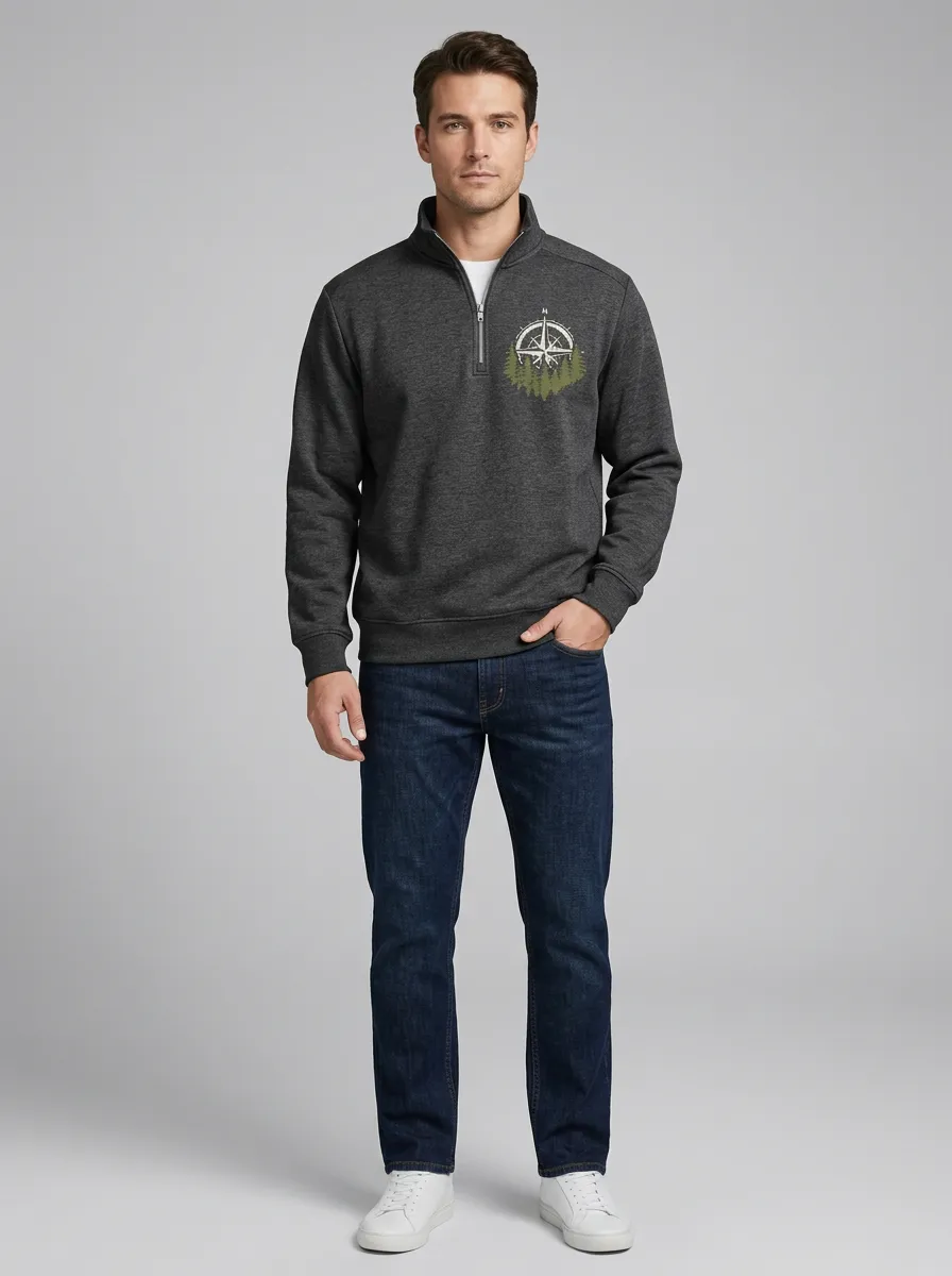 Men's Outdoor Compass Forest Graphic Quarter-Zip-Neck Sweatshirt