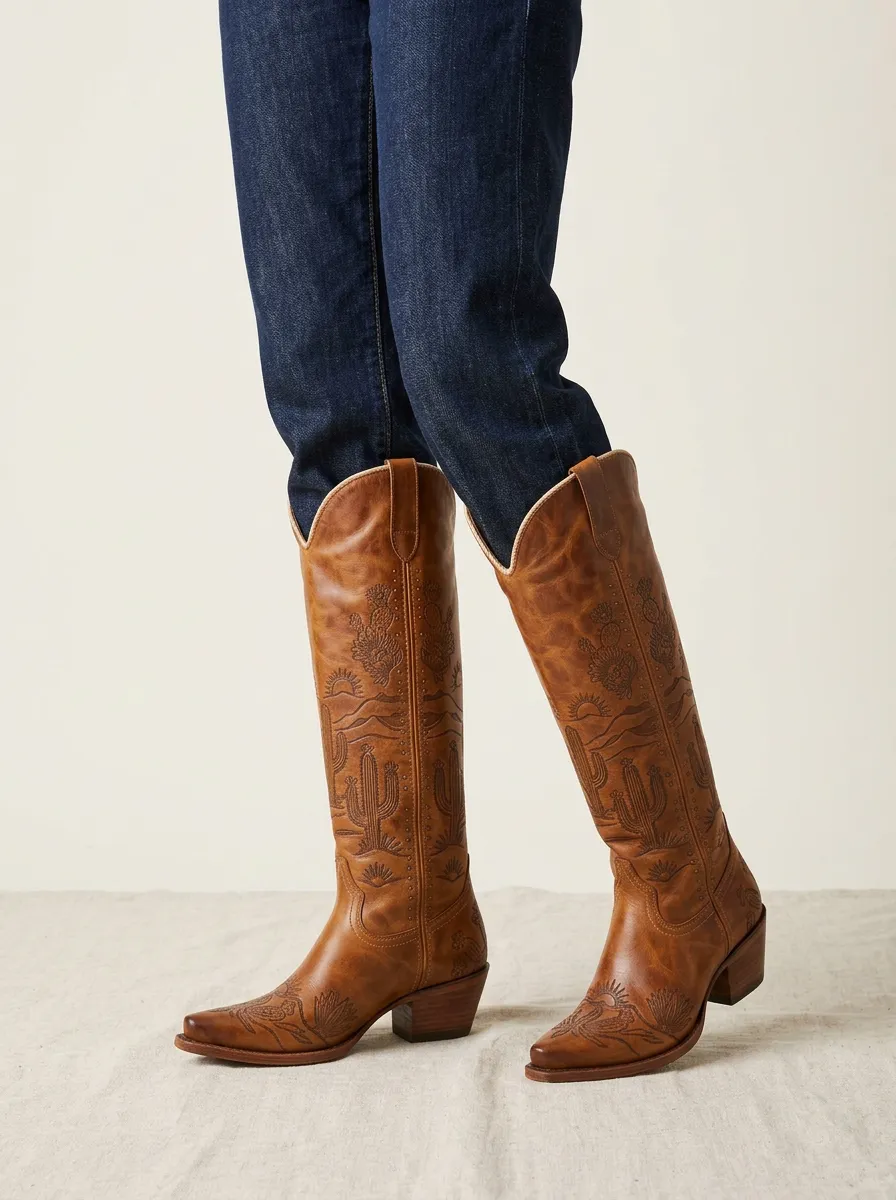 Women's Western Cactus Floral Embroidered Embossed Piped Studded Denim Over-the-Knee Boots