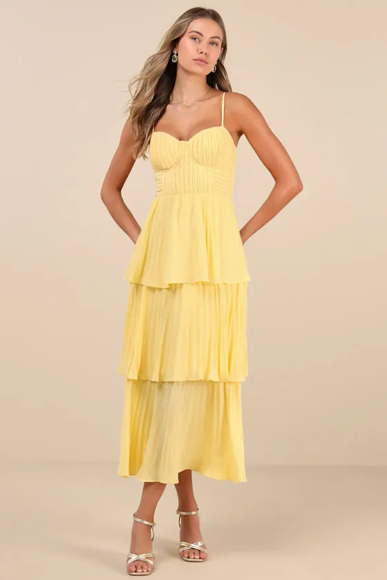 Cascading Crush Light Blue Tiered Bustier Midi Dress