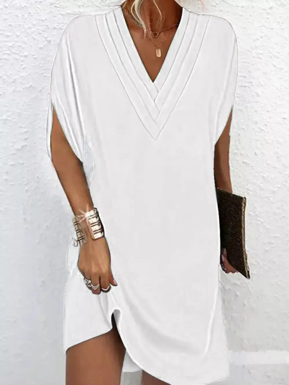 V-Neck Side Slit Mini Dress