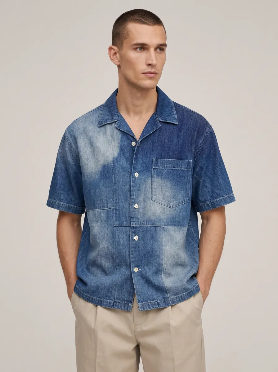 Men's Vintage Acid Wash Patchwork Short Sleeve Denim Shirt