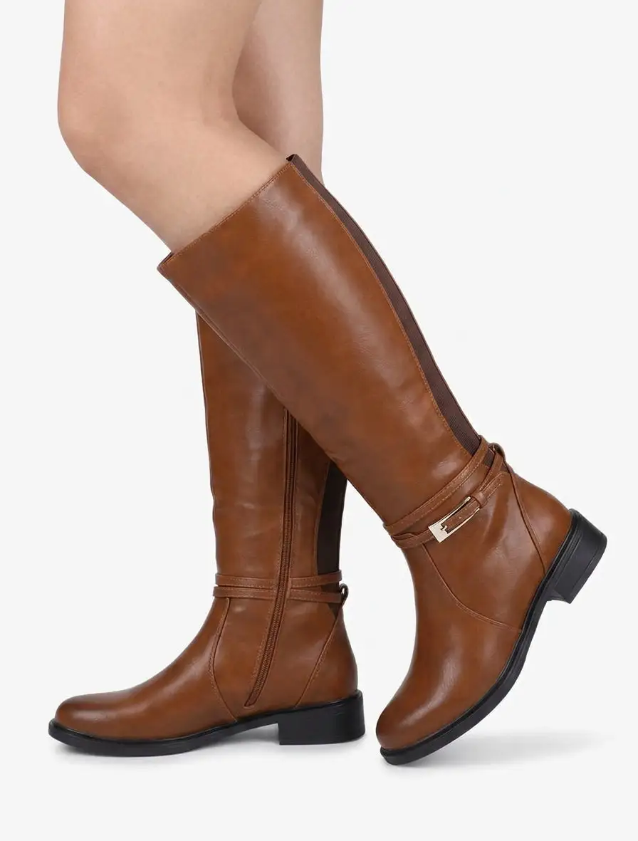 Utility Buckle Detail Block Heel Faux Leather Knee High Boots