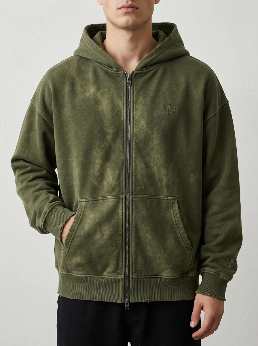 Men's Military Style Star Embroidered Acid Wash Zip Up Hoodie