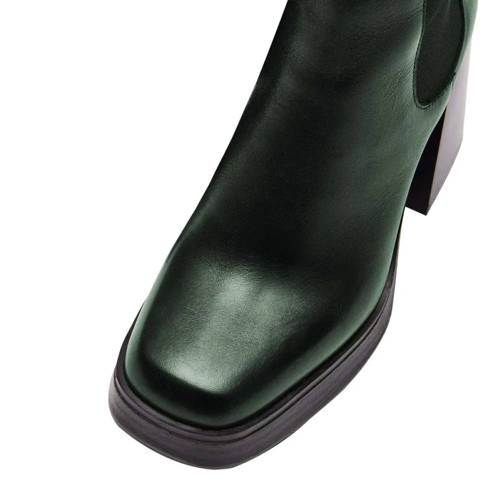 Faux-Leather Square-Toe Chunky-Heel Platform Ankle Boots