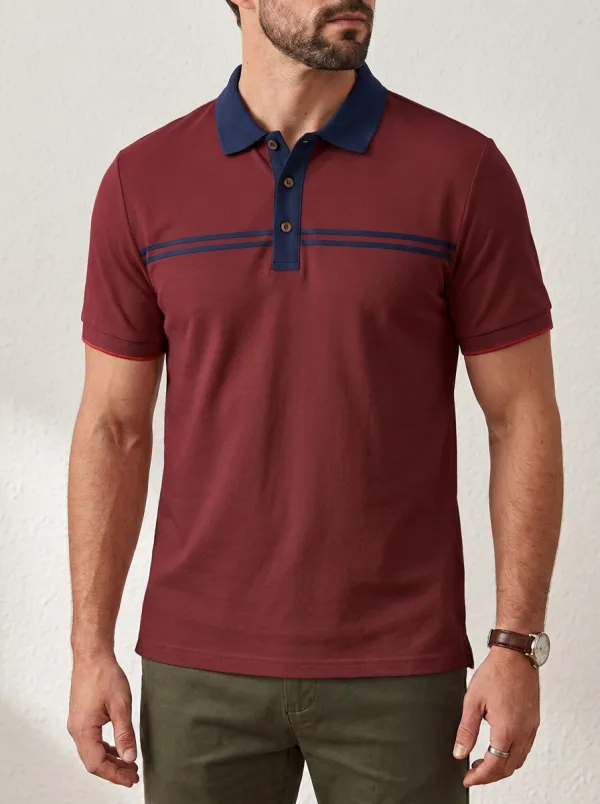 Men's Casual Striped Contrast Collar Printed Polo Shirt