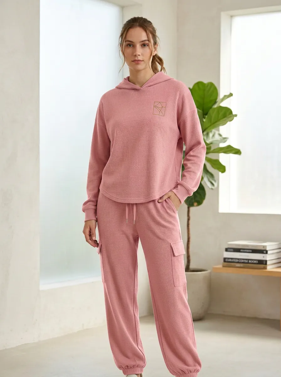 Women's Minimalist Geometric Line Art Printed Waffle Knit Hoodie Jogger Set
