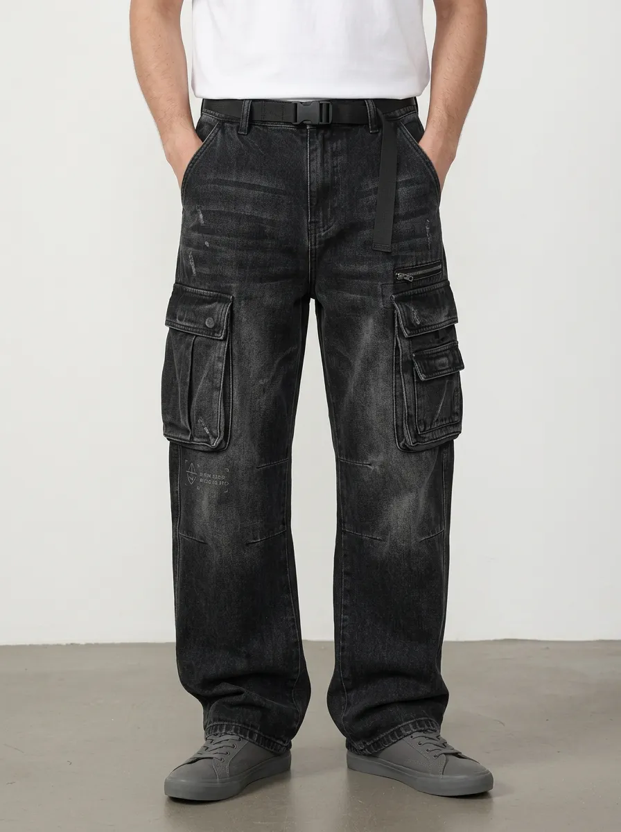 Men's Washed Black Graphic Detail Webbing Belt Straight-Leg Denim Cargo Pants
