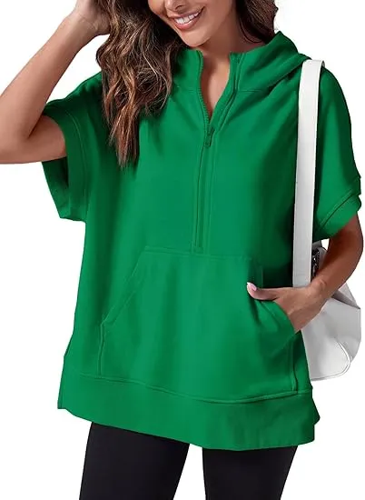 Women's Oversized Half Zip Short Sleeve Hoodie with Pockets